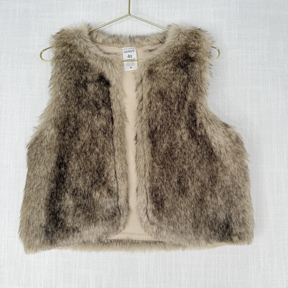 Carter's Girls Faux Fur Vest Brown Tan Sleeveless Open Front Layering Cozy 4T
